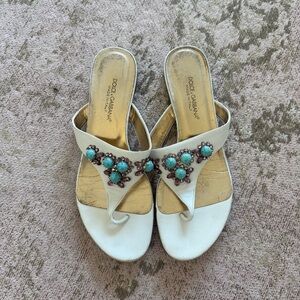 Dolce & Gabbana White Sandals with Turquoise and Brown Embellishments Size 38